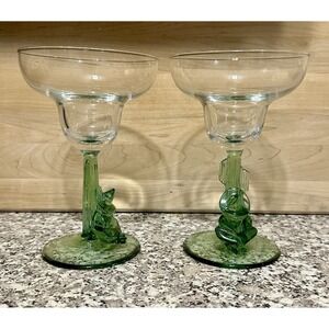 Mexican Cactus Margarita Glasses HandBlown Green Stemmed Pair